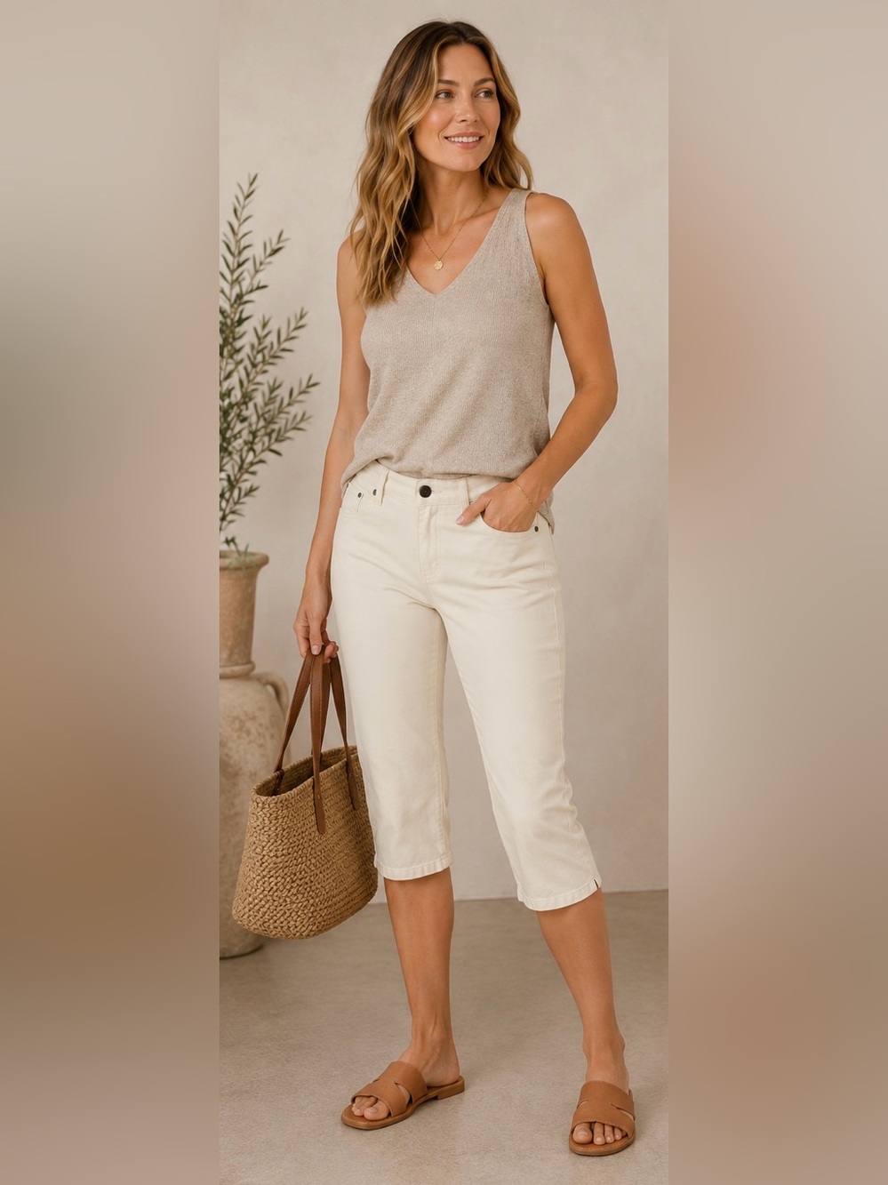 Eileen Fisher Ivory Crop Capri Pants Women’s Medium Minimalist Stretch Casual